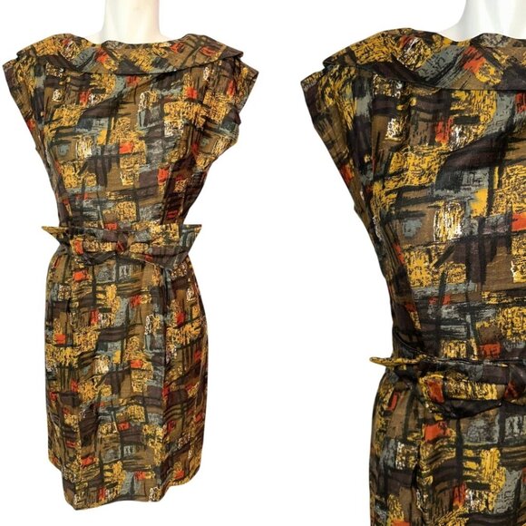 Vtg 60s Brown Orange Abstract Sheath Dress Bow Belted Secretary Womens Size S - Picture 1 of 6